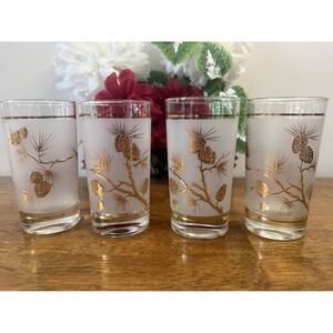 Vintage Libbey Gold Pine Cone Highball Glasses Retro Holiday‎ Barware MCM